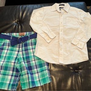 NWT Boys plaid chino shorts and long sleeve Oxford
